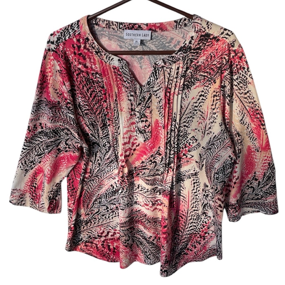 SOUTHERN LADY WOMENS PINK BLACK  V-NECK 3/4 SLEEVE BLOUSE SIZE XL